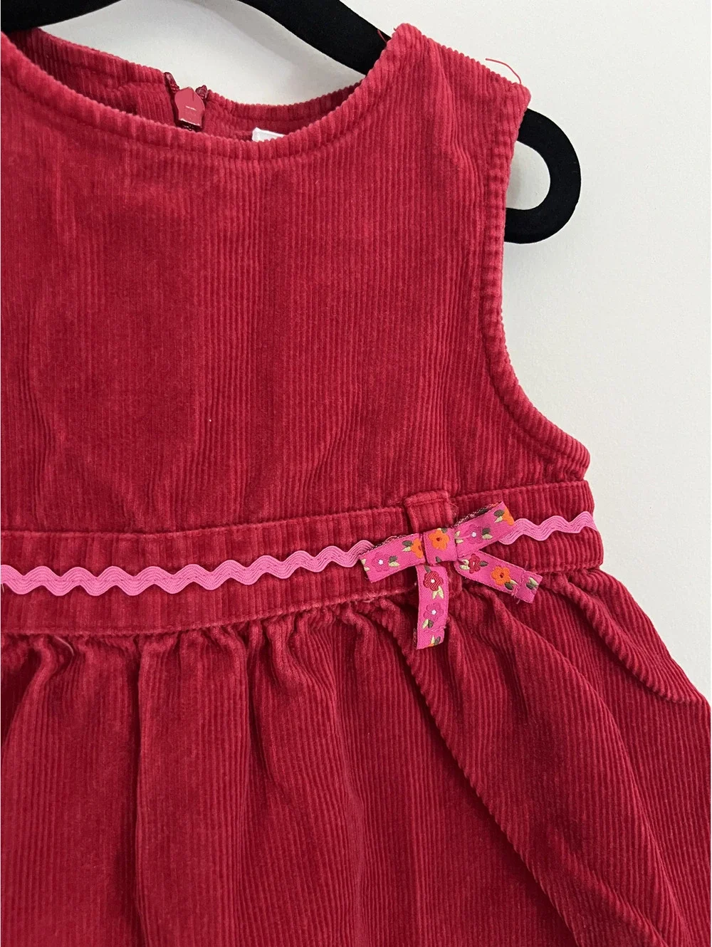 Vintage Y2K 2006 Gymboree Red Corduroy Pink Floral Detail Ribbon Dress